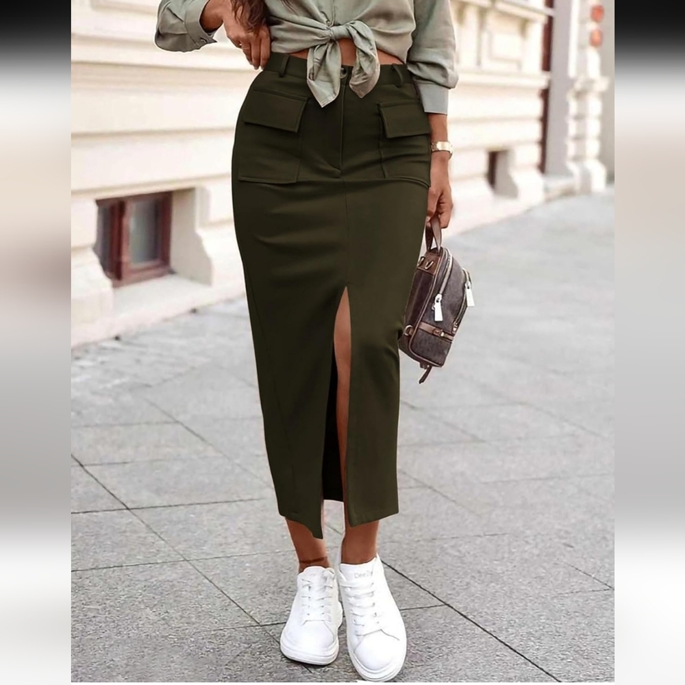 High-Waist Olive Pencil Midi Skirt with Front Slit